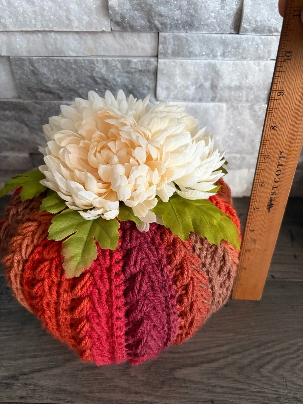 Handmade Autumn Crochet Pumpkin Floral Accent - Cream and Multicolor